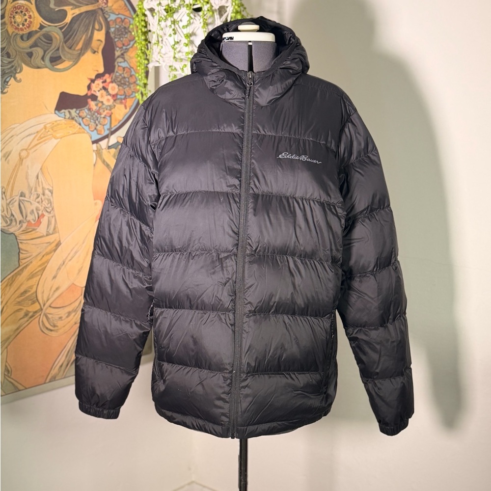 Eddie Bauer Jacket Mens Black Down‎ Puffer Hooded Quilted Lightweight Large